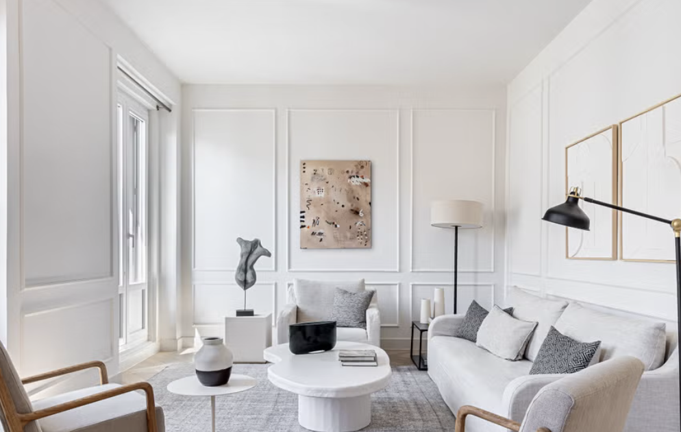 Bright white living room in a premium Warsaw apartment